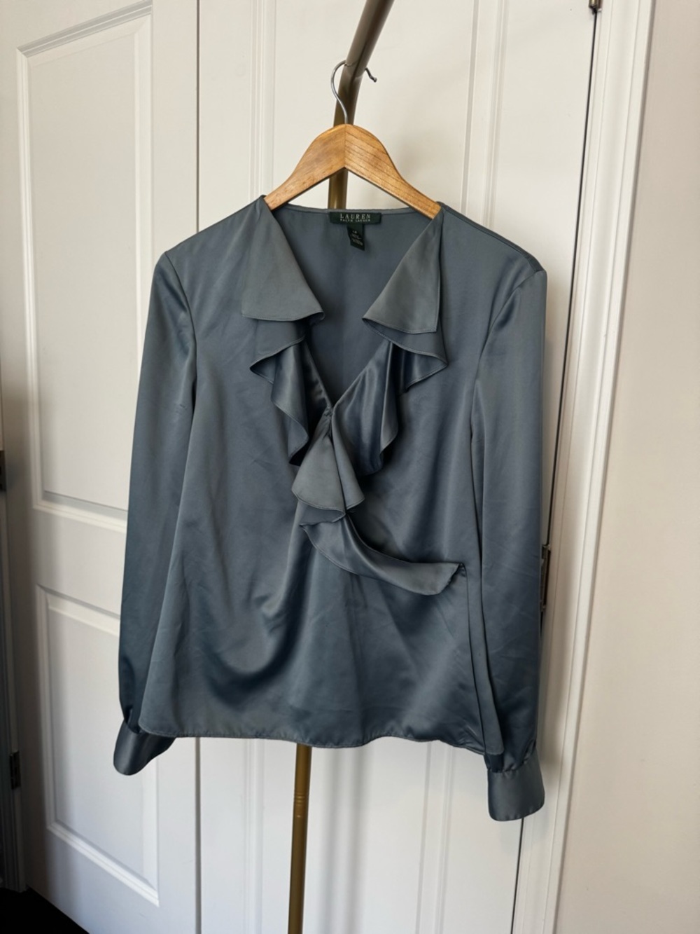 Ralph Lauren Slate Blue Satin Ruffle V-Neck Wrap Blouse